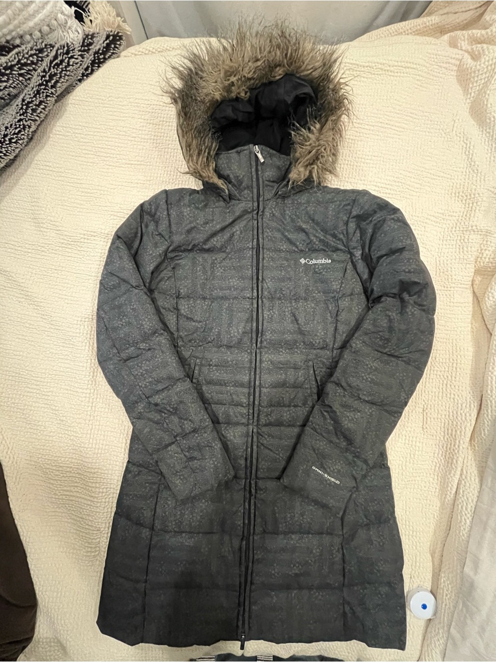 Columbia Women's Dark Grey Quilted Long Puffer Coat with Faux-Fur Hood